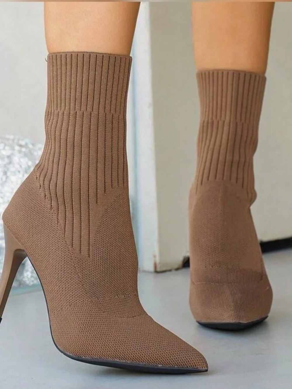 Women's Pointed Toe Knit Sock Booties in Brown size 7.5 & 9